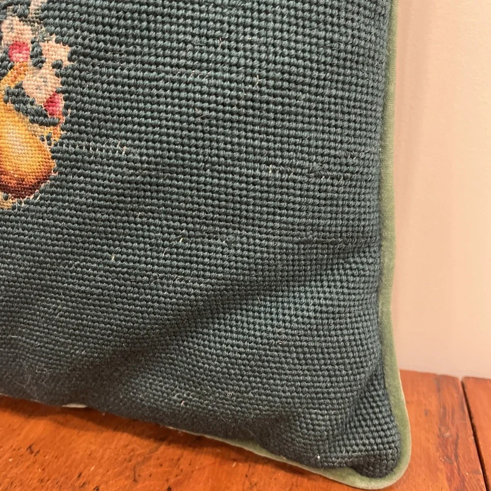 Handmade Needlepoint Square Pillow Fruit Green Background Velvet Zipper Back 14